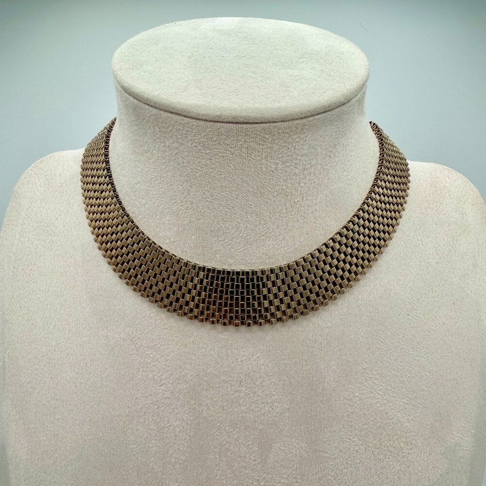 Vintage Wide Mesh Collar Choker Necklace | Mid Century Modern Gold Tone 14"